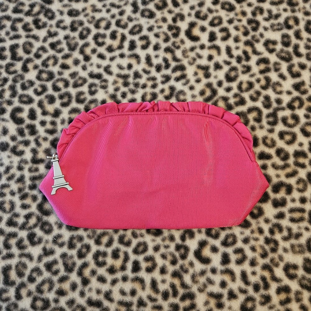 2011 Paris Amour Hot Pink Ruffled Top Zip Cosmetic Pouch Eiffel Tower Charm, EUC